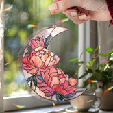 Crescent Moon Peony Acrylic Suncatcher, Stained Glass Style Floral Window Hanging, Pink Flower Home Decor Gift for Nature Lovers